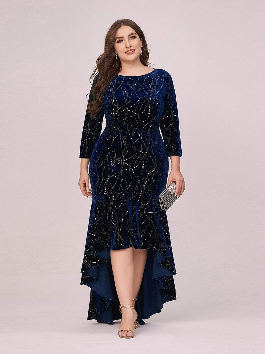 Color=Navy Blue | Elegant Plus Size Bodycon High-Low Velvet Party Dress-Navy Blue 1 Color=Navy Blue | Elegant Plus Size Bodycon High-Low Velvet Party Dress-Navy Blue 1
