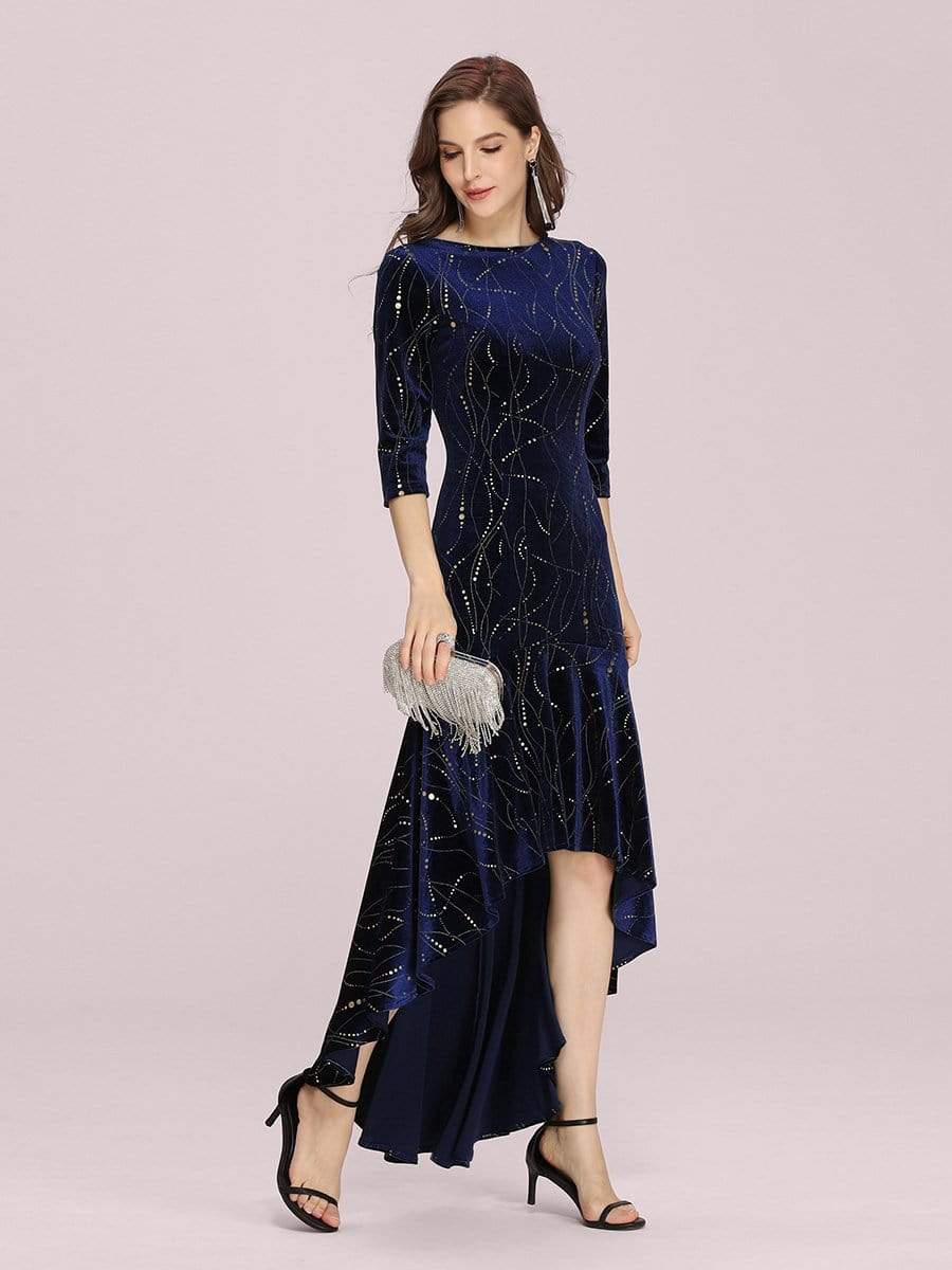 Color=Navy Blue | Elegant Plus Size Bodycon High-Low Velvet Party Dress-Navy Blue 1 Color=Navy Blue | Elegant Plus Size Bodycon High-Low Velvet Party Dress-Navy Blue 1
