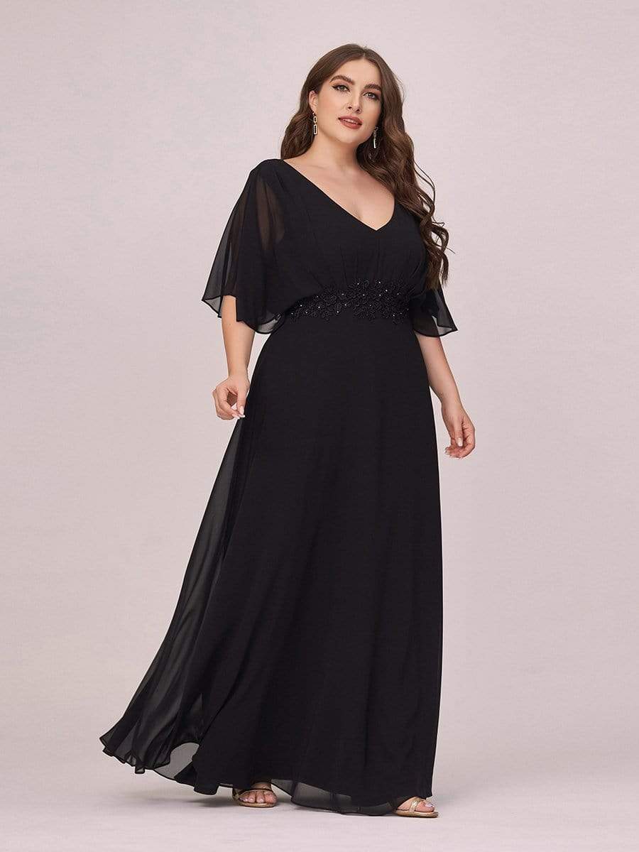 Color=Black | Stylish A-Line Plus Size Chiffon Evening Dress With Appliques-Black 3 Color=Black | Stylish A-Line Plus Size Chiffon Evening Dress With Appliques-Black 3