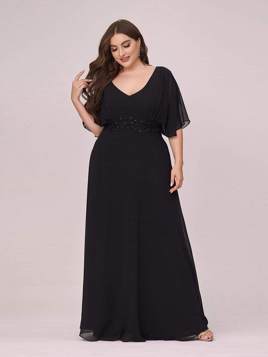 Color=Black | Stylish A-Line Plus Size Chiffon Evening Dress With Appliques-Black 4 Color=Black | Stylish A-Line Plus Size Chiffon Evening Dress With Appliques-Black 4