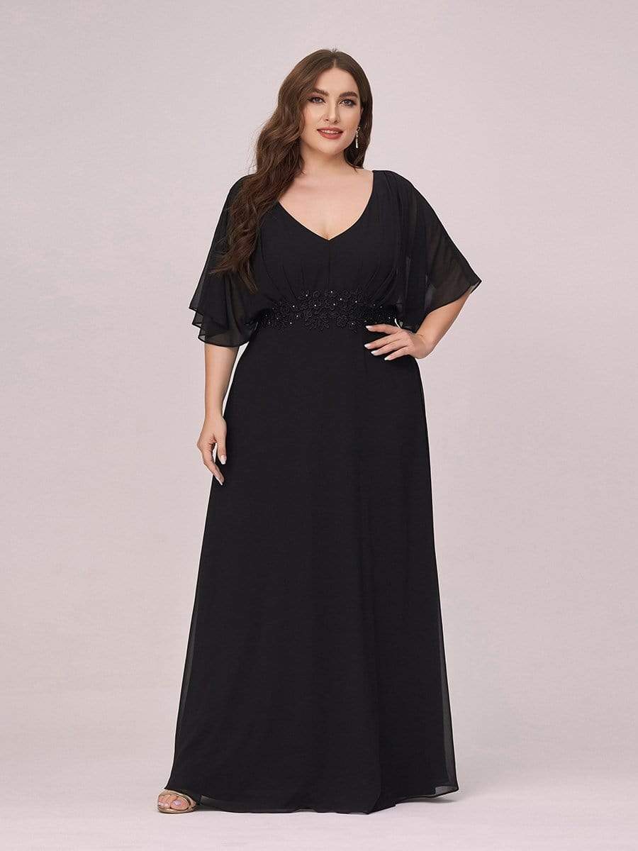 Color=Black | Stylish A-Line Plus Size Chiffon Evening Dress With Appliques-Black 1 Color=Black | Stylish A-Line Plus Size Chiffon Evening Dress With Appliques-Black 1