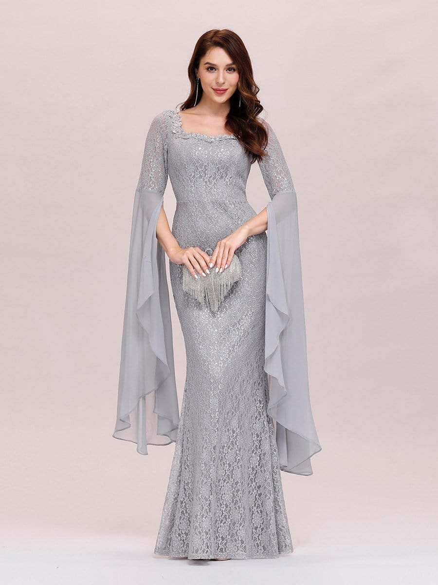 Color=Grey | Stylish Fishtail Squre Neckline Prom Dress With Angle Sleeves-Grey 5 Color=Grey | Stylish Fishtail Squre Neckline Prom Dress With Angle Sleeves-Grey 5
