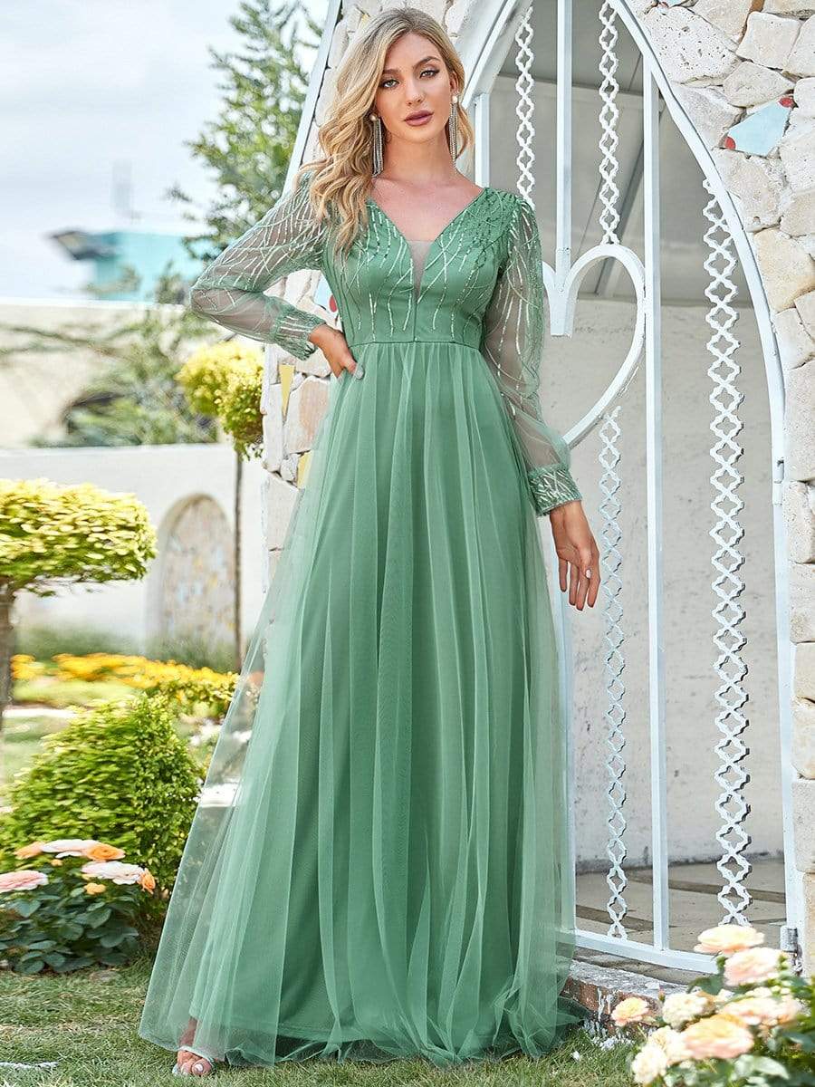 Color=Green Bean | Sexy Deep V Neck Sequin & Tulle Maxi Long Evening Dress-Green Bean 1 Color=Green Bean | Sexy Deep V Neck Sequin & Tulle Maxi Long Evening Dress-Green Bean 1