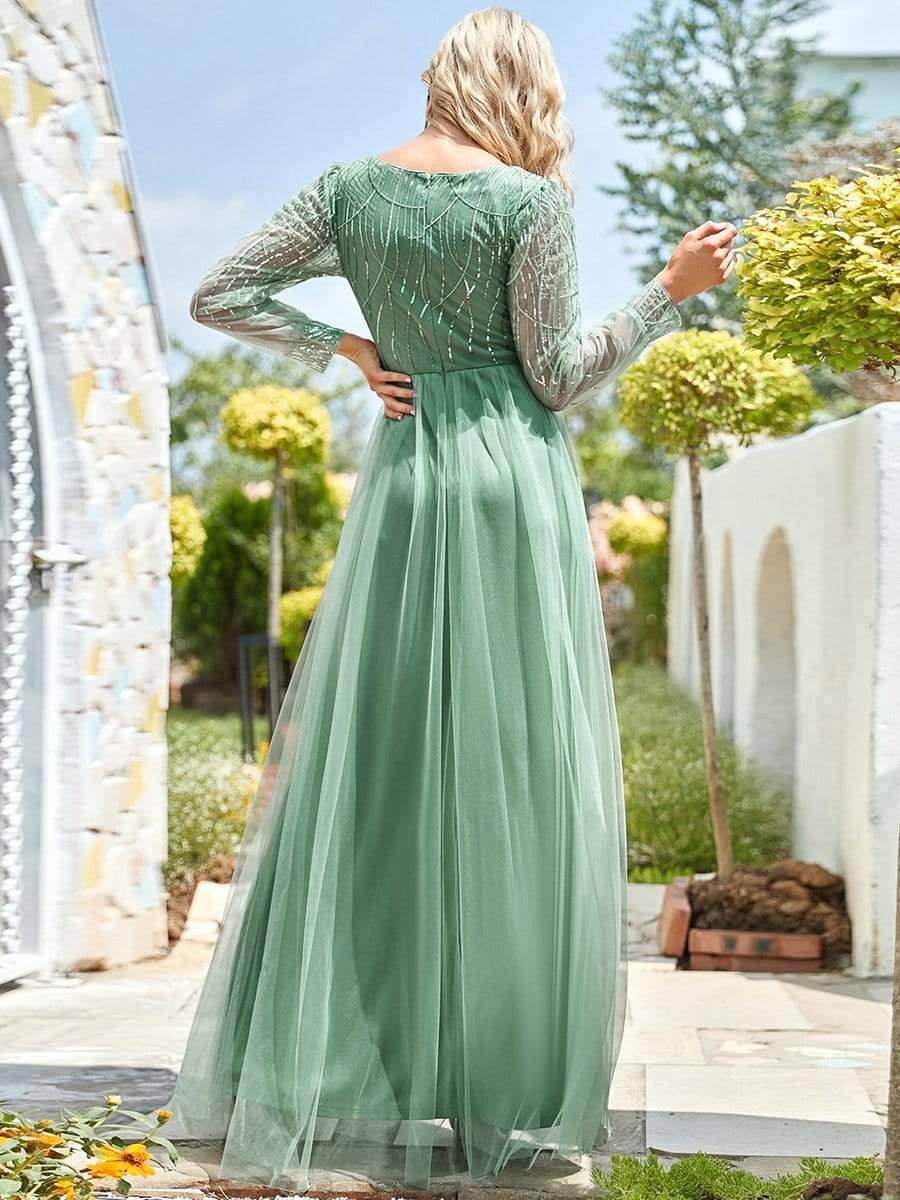 Color=Green Bean | Sexy Deep V Neck Sequin & Tulle Maxi Long Evening Dress-Green Bean 2 Color=Green Bean | Sexy Deep V Neck Sequin & Tulle Maxi Long Evening Dress-Green Bean 2