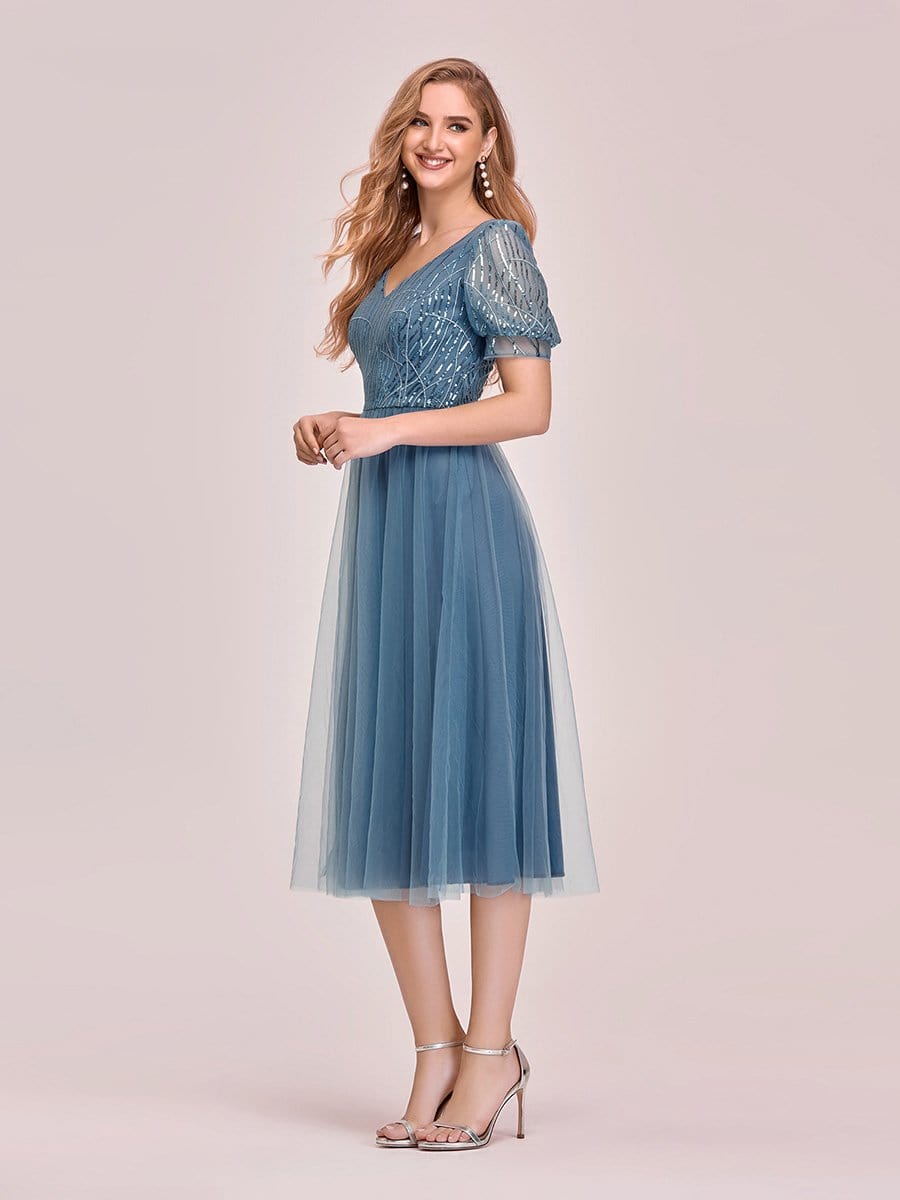 Color=Dusty Navy | Gorgeous V Neck Tulle Knee-Length Cocktail Dress With Sequin-Dusty Navy 3 Color=Dusty Navy | Gorgeous V Neck Tulle Knee-Length Cocktail Dress With Sequin-Dusty Navy 3