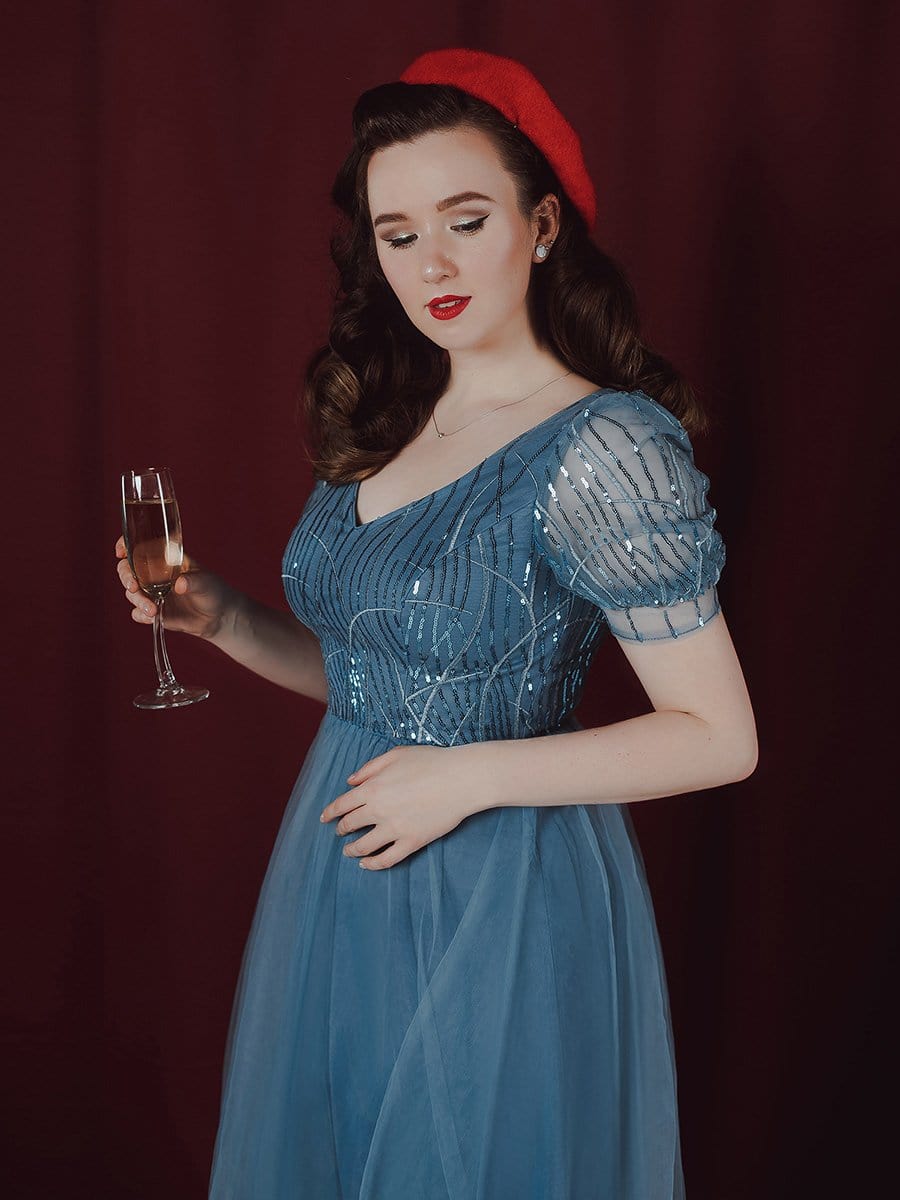 Color=Dusty Navy | Gorgeous V Neck Tulle Knee-Length Cocktail Dress With Sequin-Dusty Navy 7 Color=Dusty Navy | Gorgeous V Neck Tulle Knee-Length Cocktail Dress With Sequin-Dusty Navy 7