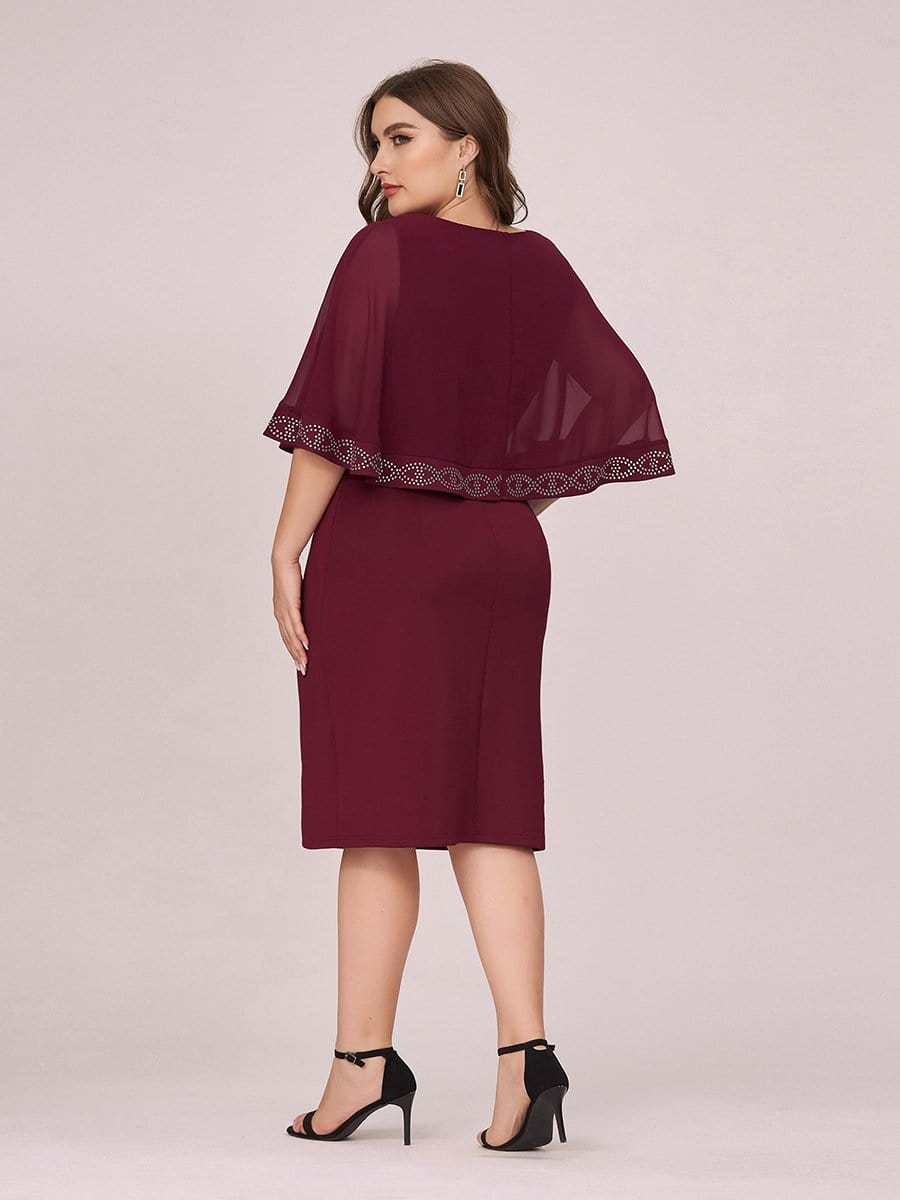 Color=Burgundy | Elegant Round Neck Knee-Length Plus Size Work Dress For Party-Burgundy 2 Color=Burgundy | Elegant Round Neck Knee-Length Plus Size Work Dress For Party-Burgundy 2