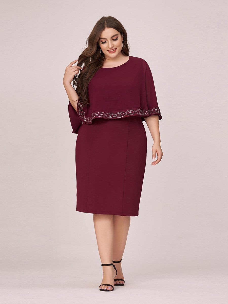 Color=Burgundy | Elegant Round Neck Knee-Length Plus Size Work Dress For Party-Burgundy 4 Color=Burgundy | Elegant Round Neck Knee-Length Plus Size Work Dress For Party-Burgundy 4