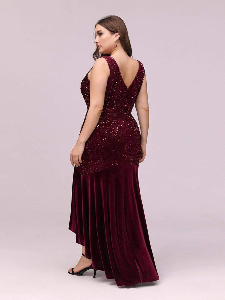 Color=Burgundy | Women'S Sexy High-Low Sequin & Velvet Evening Dress For Cocktail-Burgundy 7 Color=Burgundy | Women'S Sexy High-Low Sequin & Velvet Evening Dress For Cocktail-Burgundy 7