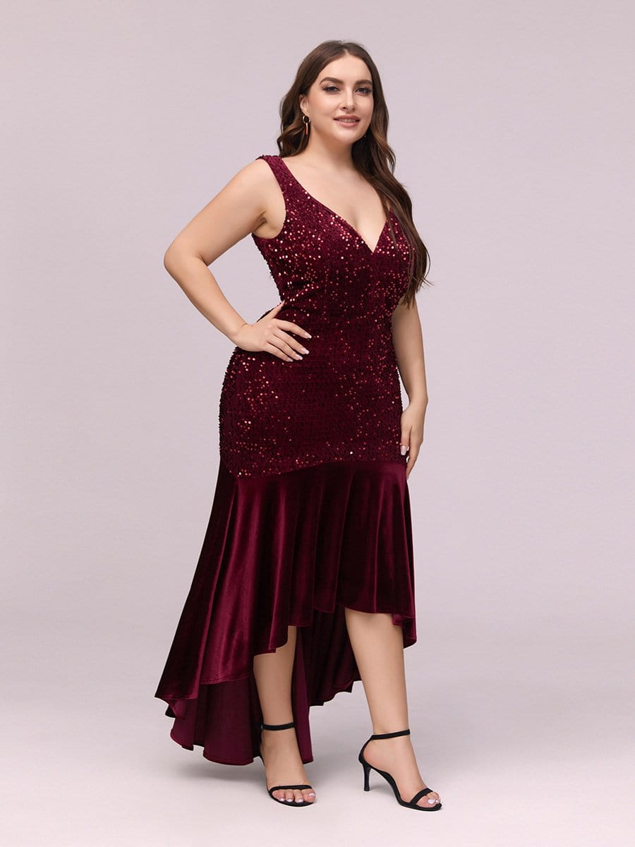 Color=Burgundy | Women'S Sexy High-Low Sequin & Velvet Evening Dress For Cocktail-Burgundy 3 Color=Burgundy | Women'S Sexy High-Low Sequin & Velvet Evening Dress For Cocktail-Burgundy 3