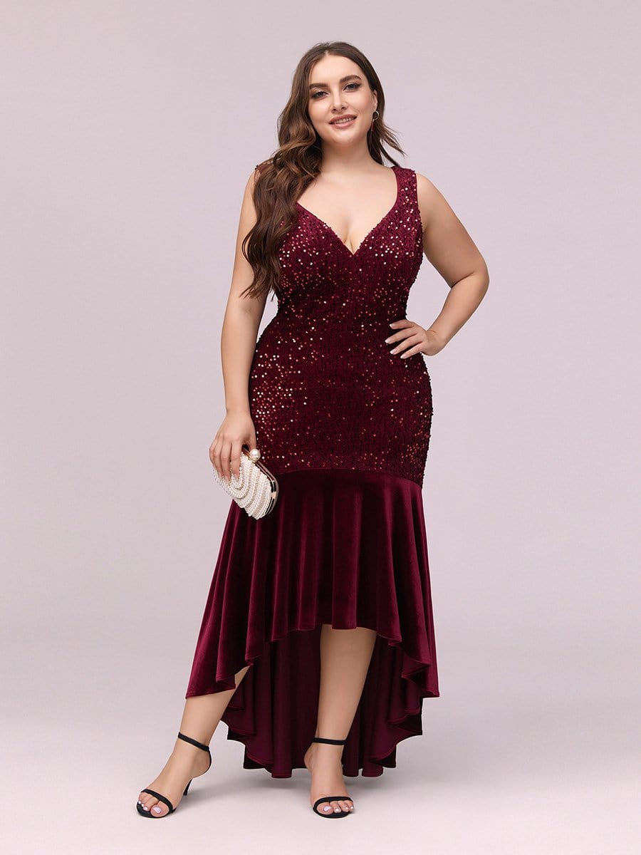 Color=Burgundy | Women'S Sexy High-Low Sequin & Velvet Evening Dress For Cocktail-Burgundy 4 Color=Burgundy | Women'S Sexy High-Low Sequin & Velvet Evening Dress For Cocktail-Burgundy 4