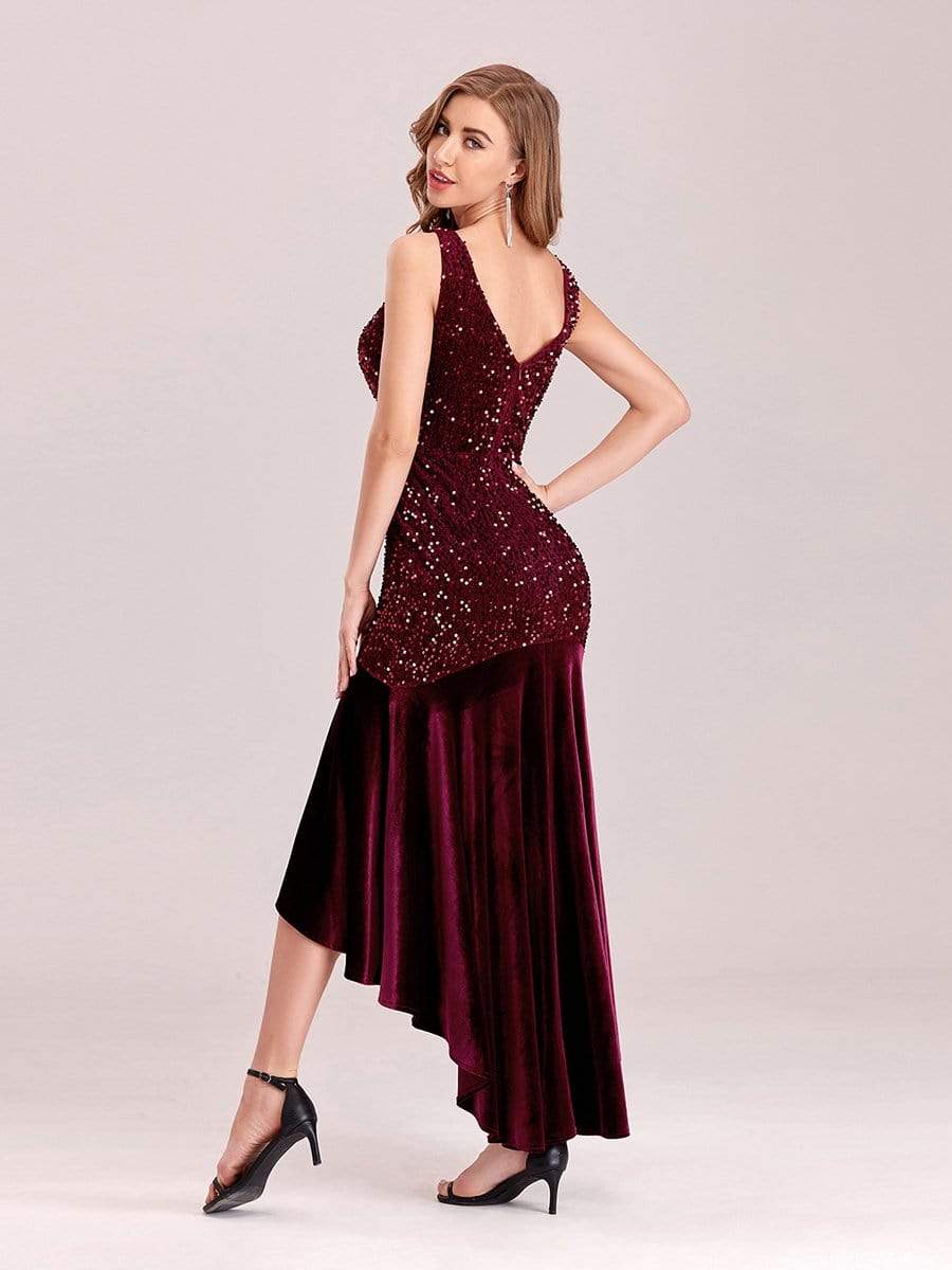 Color=Burgundy | Women'S Sexy High-Low Sequin & Velvet Evening Dress For Cocktail-Burgundy 5 Color=Burgundy | Women'S Sexy High-Low Sequin & Velvet Evening Dress For Cocktail-Burgundy 5