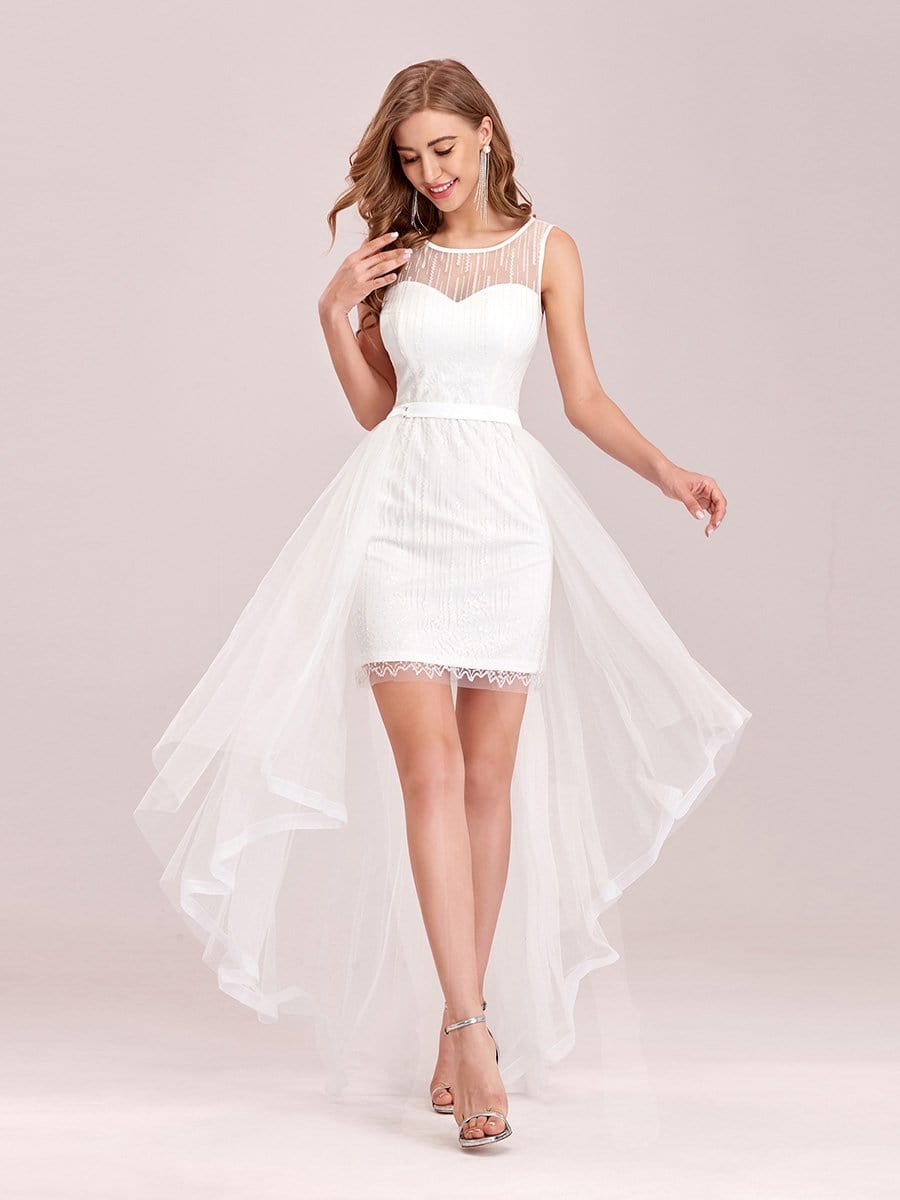 Color=Cream | Simple Two-Piece High-Low Sleeveless Wedding Dress-Cream 3 Color=Cream | Simple Two-Piece High-Low Sleeveless Wedding Dress-Cream 3