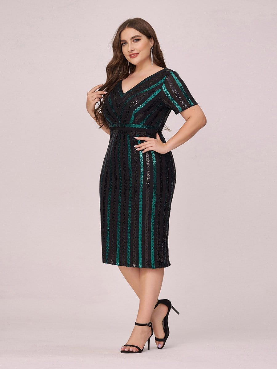 Color=Black | Stunning V Neck Bodycon Sequin Cocktail Plus Size Dress-Black 3 Color=Black | Stunning V Neck Bodycon Sequin Cocktail Plus Size Dress-Black 3