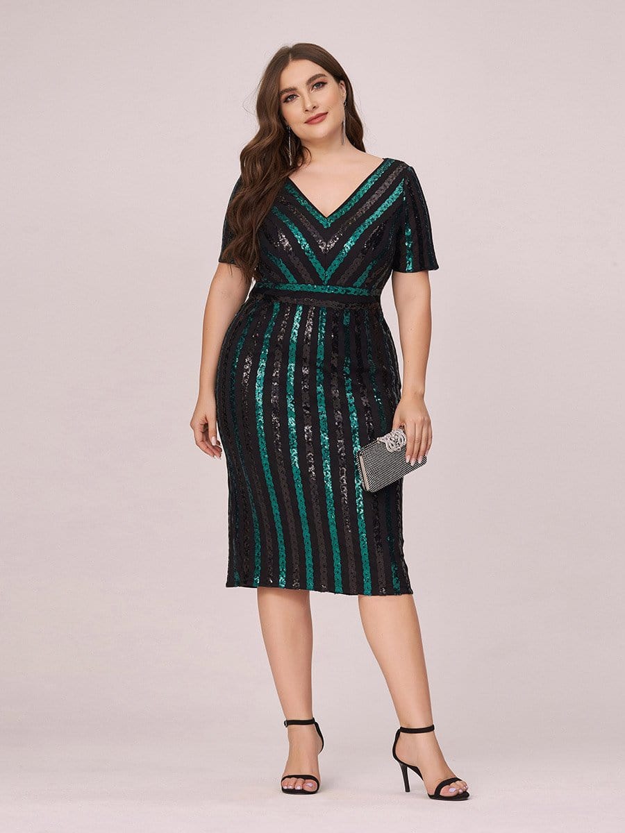 Color=Black | Stunning V Neck Bodycon Sequin Cocktail Plus Size Dress-Black 4 Color=Black | Stunning V Neck Bodycon Sequin Cocktail Plus Size Dress-Black 4