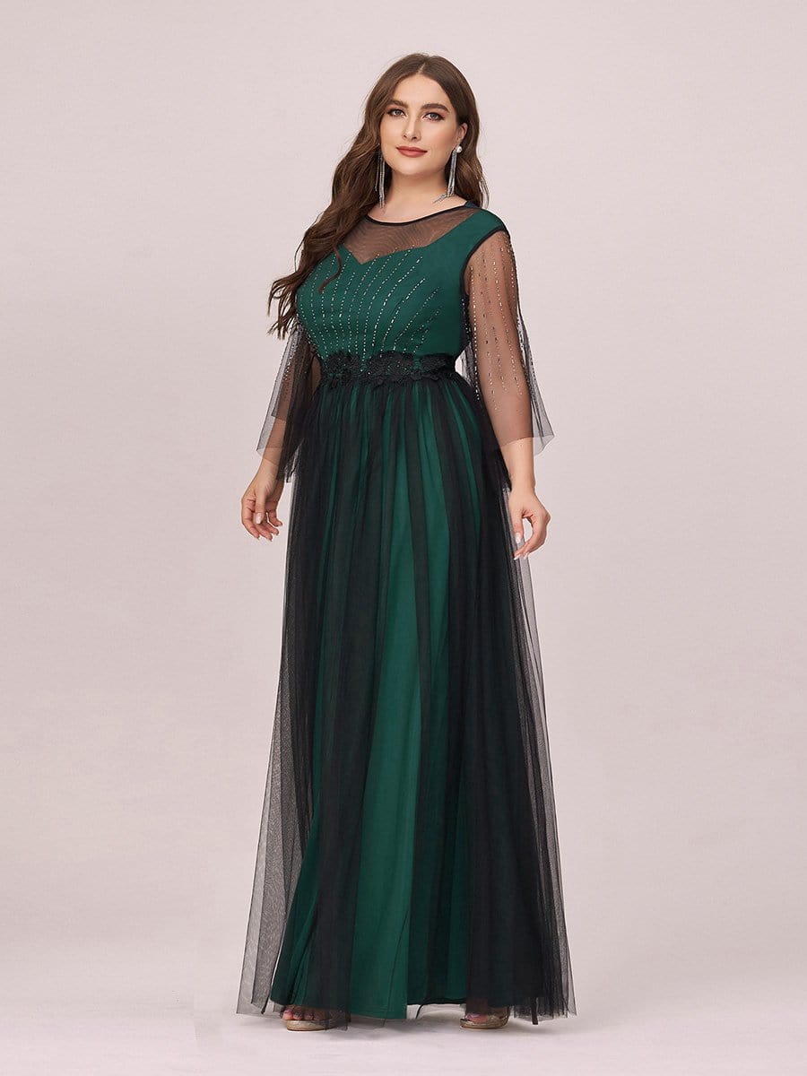 Color=Dark Green | Dainty Contrast Color Round Neck Tulle Plus Size Evening Dress-Dark Green 3 Color=Dark Green | Dainty Contrast Color Round Neck Tulle Plus Size Evening Dress-Dark Green 3