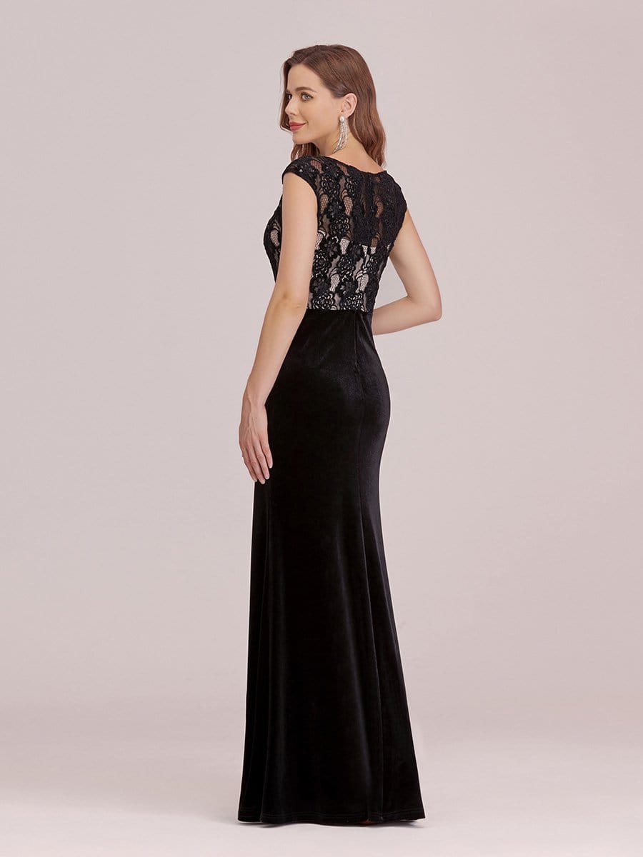 Color=Black | Sassy Round Neck Evening Dress With Lace And Beaded Belt-Black 2 Color=Black | Sassy Round Neck Evening Dress With Lace And Beaded Belt-Black 2