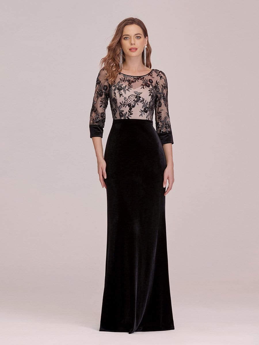 Color=Black | Sexy High Waist Velvet Straight Evening Dress With Lace Bodice-Black 1 Color=Black | Sexy High Waist Velvet Straight Evening Dress With Lace Bodice-Black 1