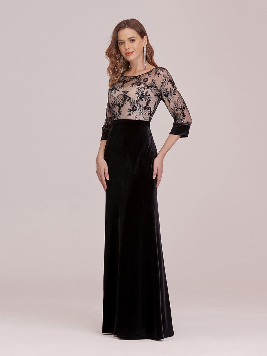 Color=Black | Sexy High Waist Velvet Straight Evening Dress With Lace Bodice-Black 3 Color=Black | Sexy High Waist Velvet Straight Evening Dress With Lace Bodice-Black 3