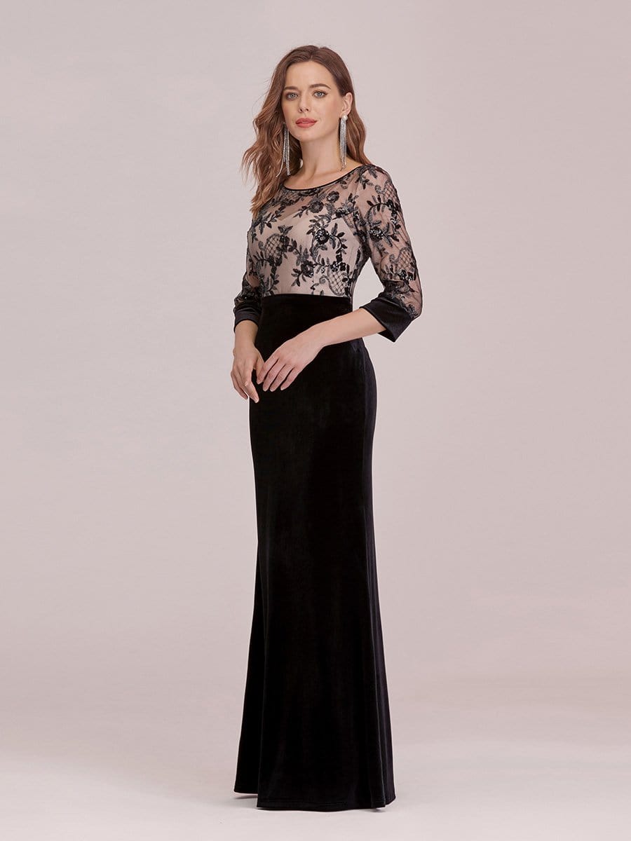 Color=Black | Sexy High Waist Velvet Straight Evening Dress With Lace Bodice-Black 4 Color=Black | Sexy High Waist Velvet Straight Evening Dress With Lace Bodice-Black 4