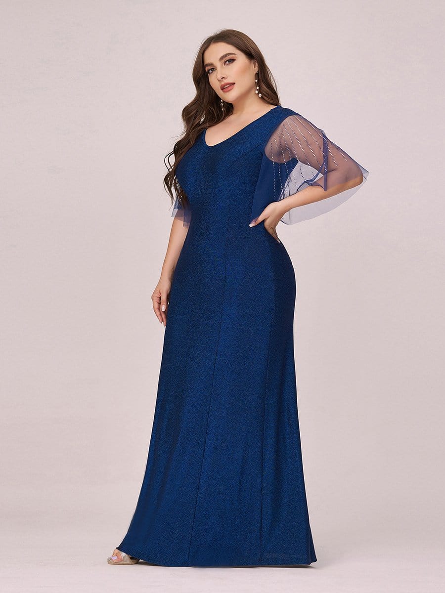 Color=Sapphire Blue | Simple V Neck High Stretch Long Sleek Plus Size Evening Dress-Sapphire Blue 3 Color=Sapphire Blue | Simple V Neck High Stretch Long Sleek Plus Size Evening Dress-Sapphire Blue 3