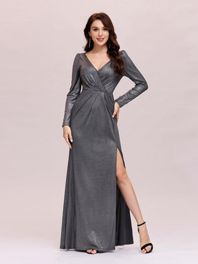 Color=Grey | Adorable V Neck Bodycon Evening Dress With Long Sleeves-Grey 4