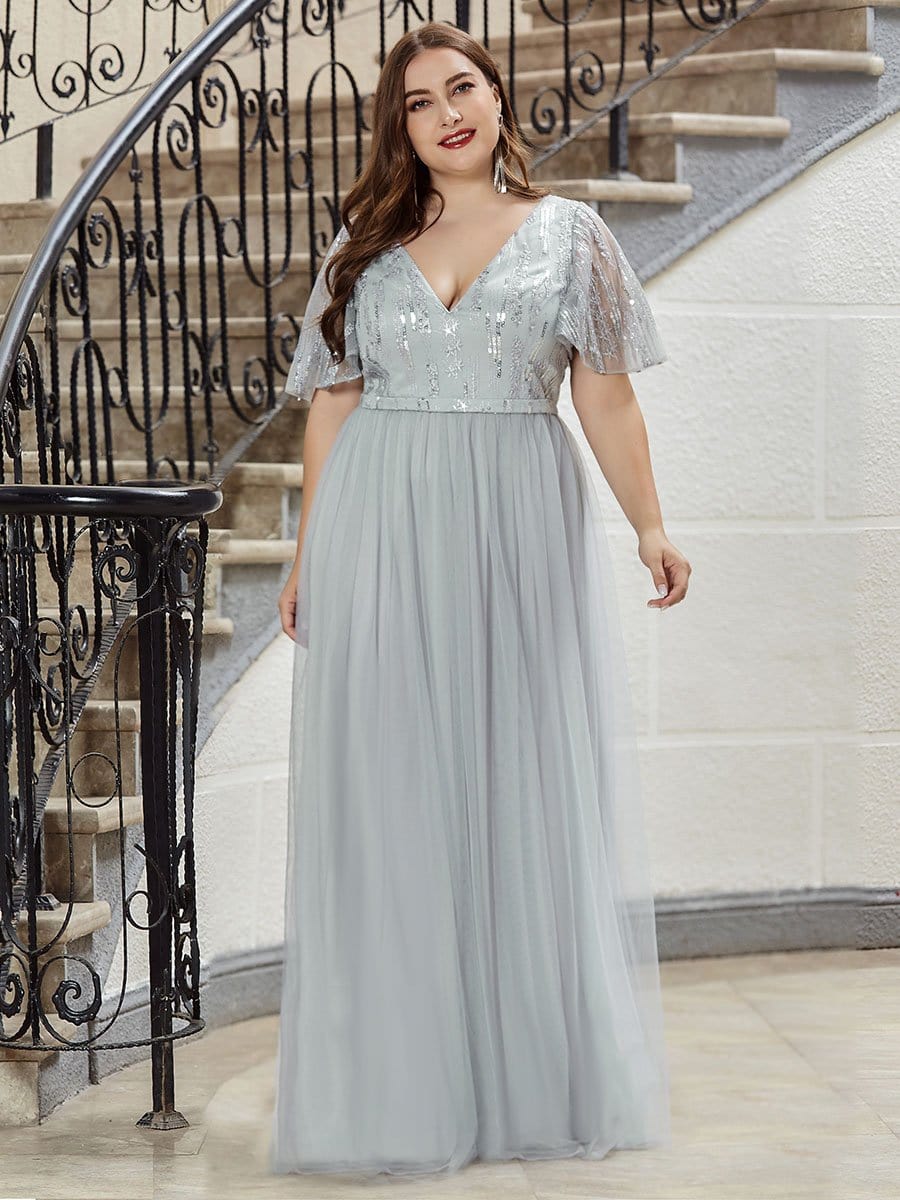 Color=Grey | Plus Size Tulle Evening Dresses For Women With Short Sleeve-Grey 4 Color=Grey | Plus Size Tulle Evening Dresses For Women With Short Sleeve-Grey 4