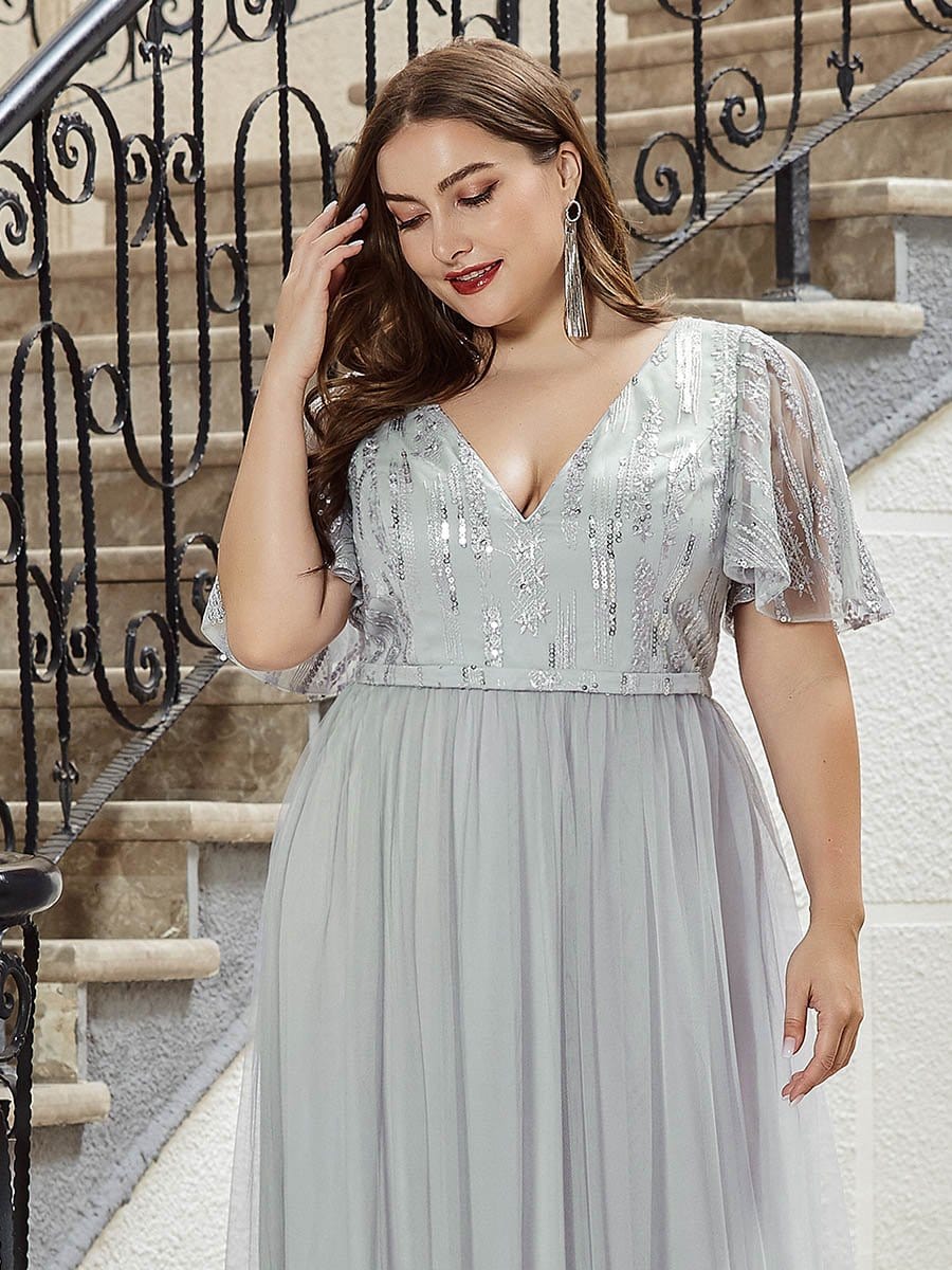 Color=Grey | Plus Size Tulle Evening Dresses For Women With Short Sleeve-Grey 5 Color=Grey | Plus Size Tulle Evening Dresses For Women With Short Sleeve-Grey 5