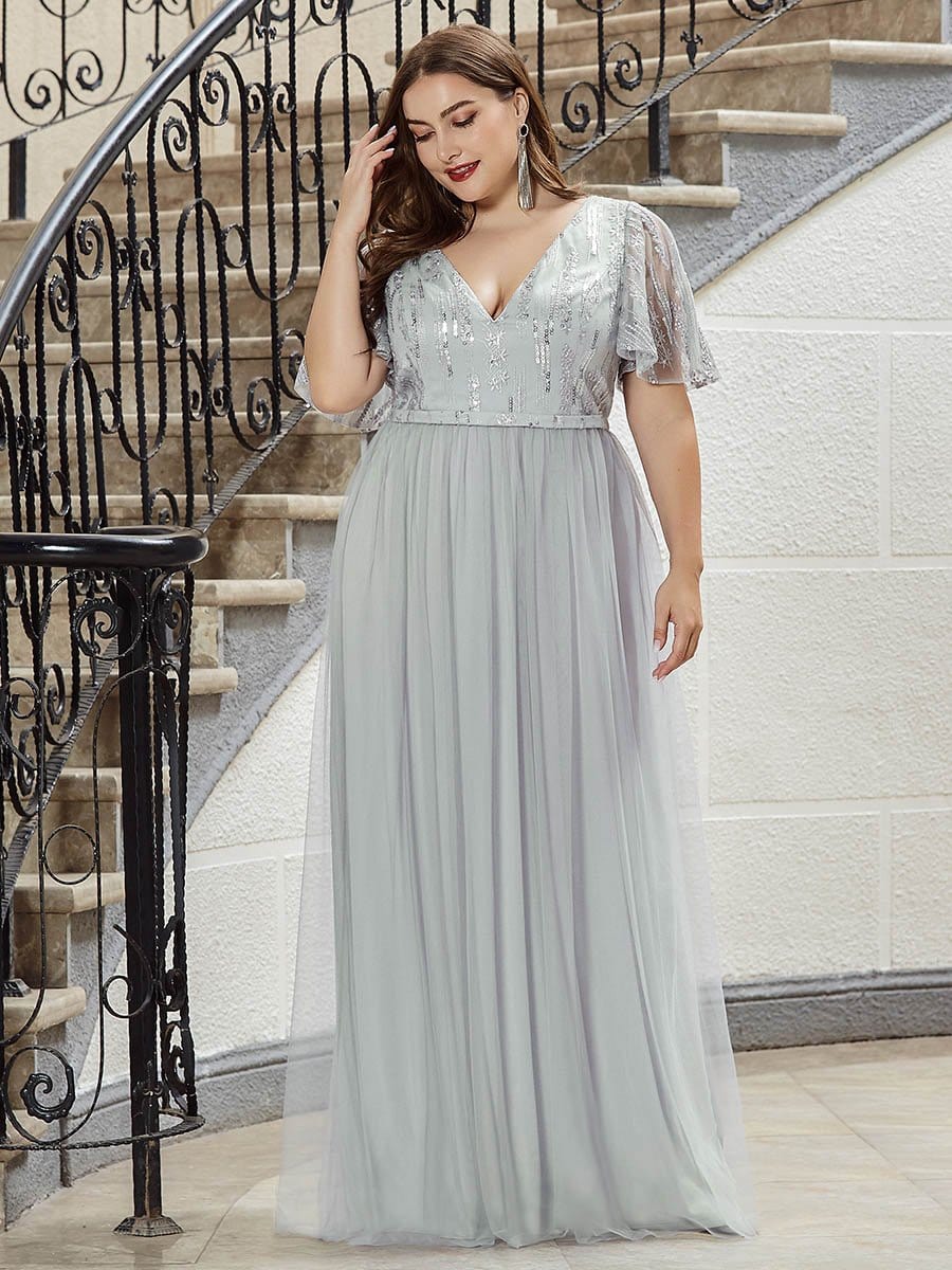 Color=Grey | Plus Size Tulle Evening Dresses For Women With Short Sleeve-Grey 1 Color=Grey | Plus Size Tulle Evening Dresses For Women With Short Sleeve-Grey 1