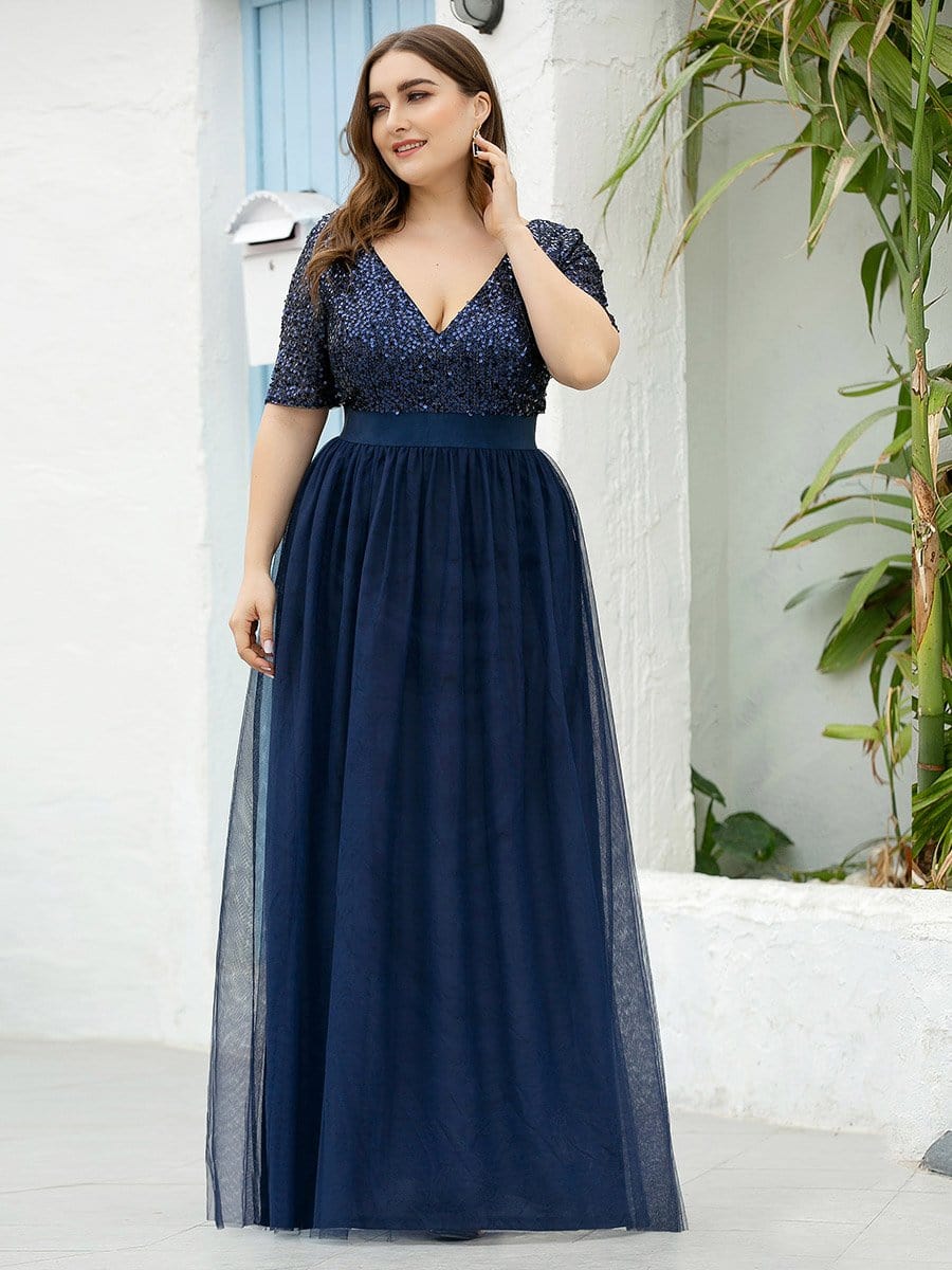 Color=Navy Blue | Plus Size V Neck Formal Tulle Evening Dresses With Sequin For Mom-Navy Blue 4 Color=Navy Blue | Plus Size V Neck Formal Tulle Evening Dresses With Sequin For Mom-Navy Blue 4