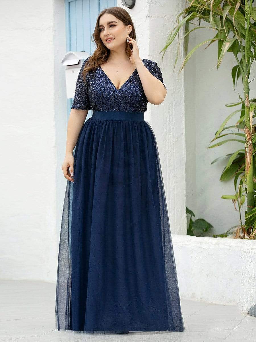Color=Navy Blue | Double V Neck Short Sleeves Evening Dresses With Sequin-Navy Blue 9 Color=Navy Blue | Double V Neck Short Sleeves Evening Dresses With Sequin-Navy Blue 9