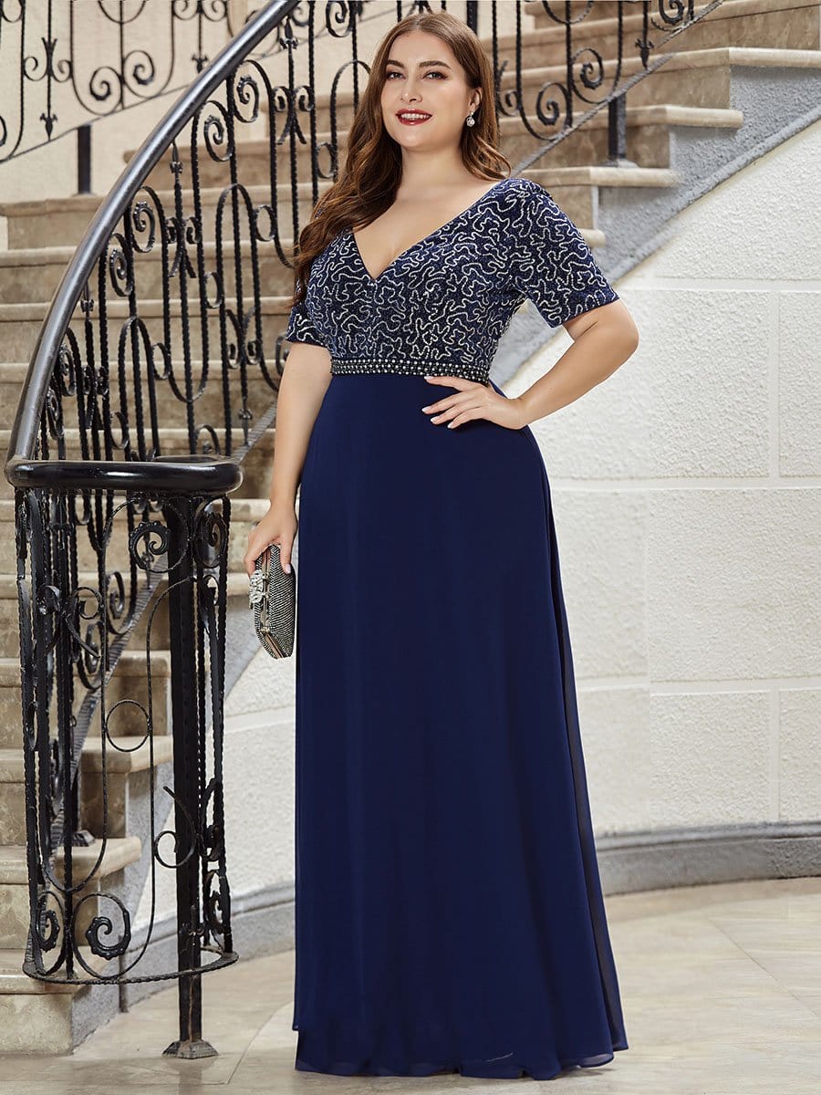 Color=Navy Blue | Elegant V Neck Beaded A-Line Chiffon Plus Size Evening Dress-Navy Blue 3 Color=Navy Blue | Elegant V Neck Beaded A-Line Chiffon Plus Size Evening Dress-Navy Blue 3