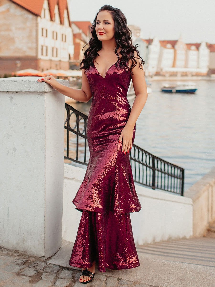 Sexy Double Hem Mermaid Sequin Evening Dress with V Neck