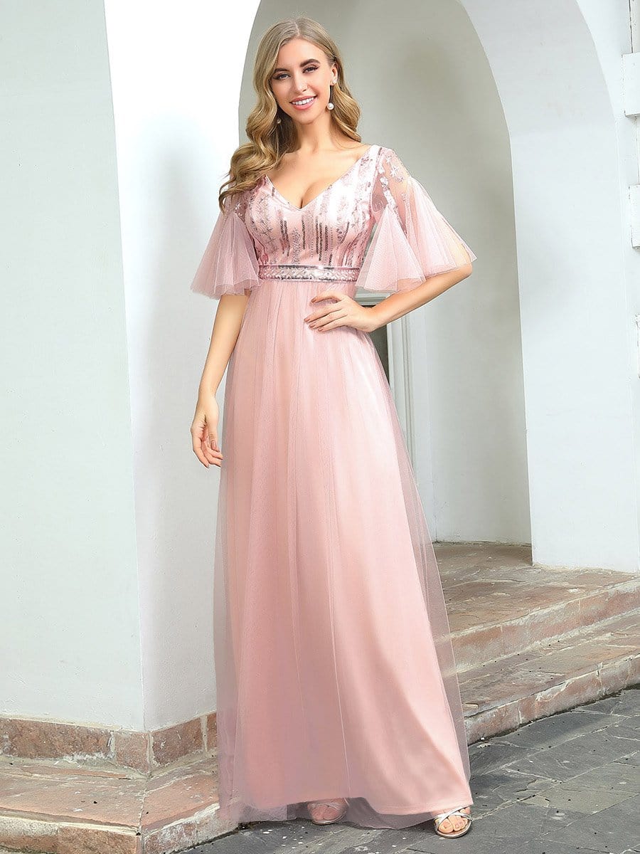 Cute Bridesmaid Dress | Sexy V-neck Tulle Short Ruffled Sleeves - Ever ...