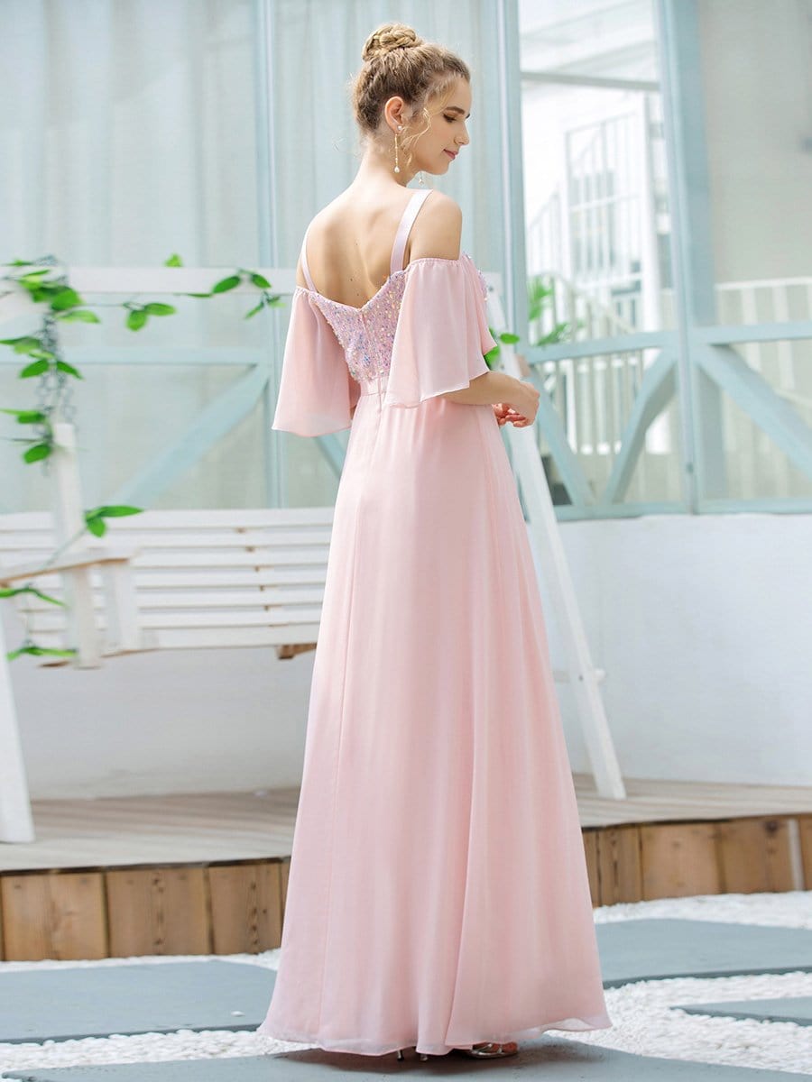 Color=Pink | Cute Flattering V Neck Empire Waist Bridesmaid Dress With Ruffle Sleeves-Pink 2 Color=Pink | Cute Flattering V Neck Empire Waist Bridesmaid Dress With Ruffle Sleeves-Pink 2