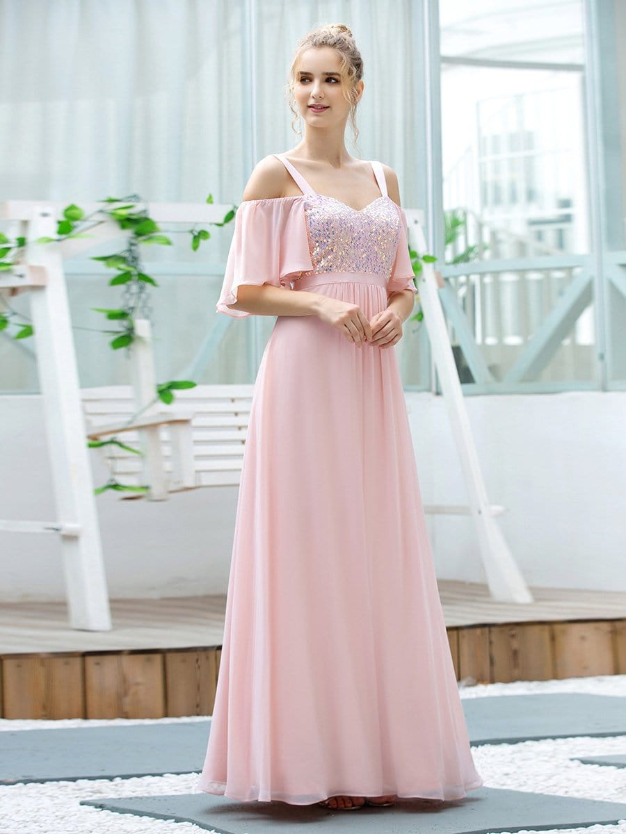 Color=Pink | Cute Flattering V Neck Empire Waist Bridesmaid Dress With Ruffle Sleeves-Pink 3 Color=Pink | Cute Flattering V Neck Empire Waist Bridesmaid Dress With Ruffle Sleeves-Pink 3