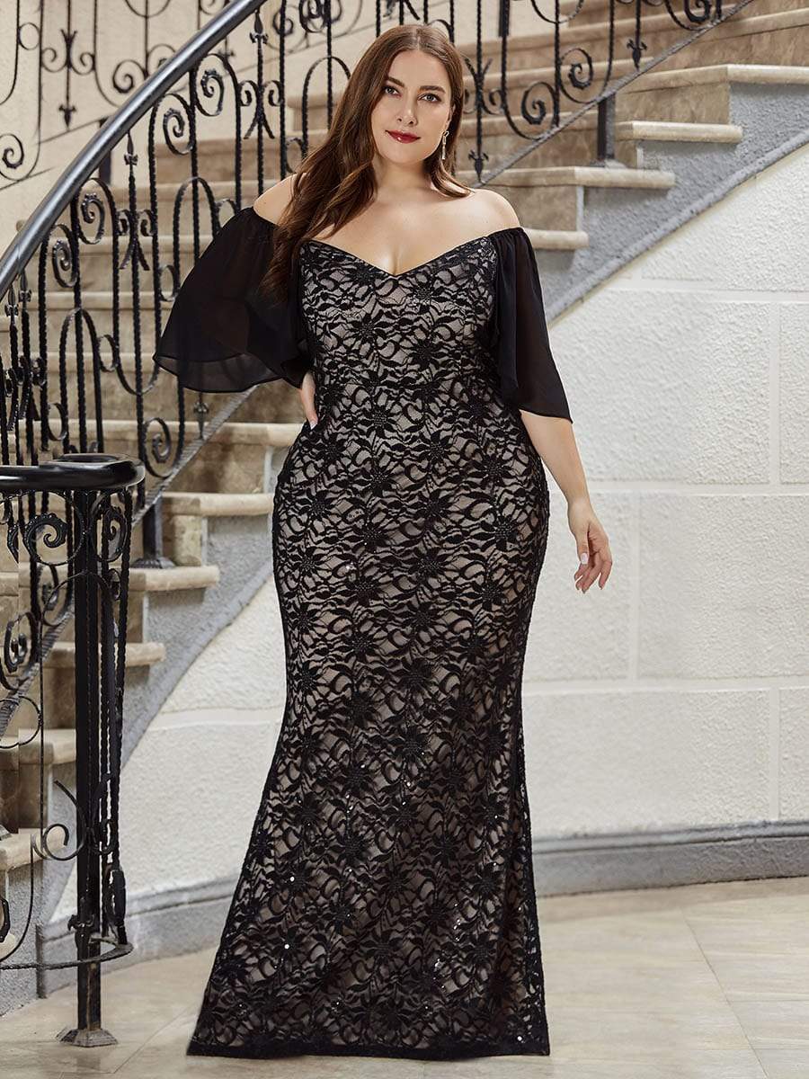 Color=Black | Elegant Floor Length V-Neck Chiffon And Lace Evening Dress-Black 3 Color=Black | Elegant Floor Length V-Neck Chiffon And Lace Evening Dress-Black 3