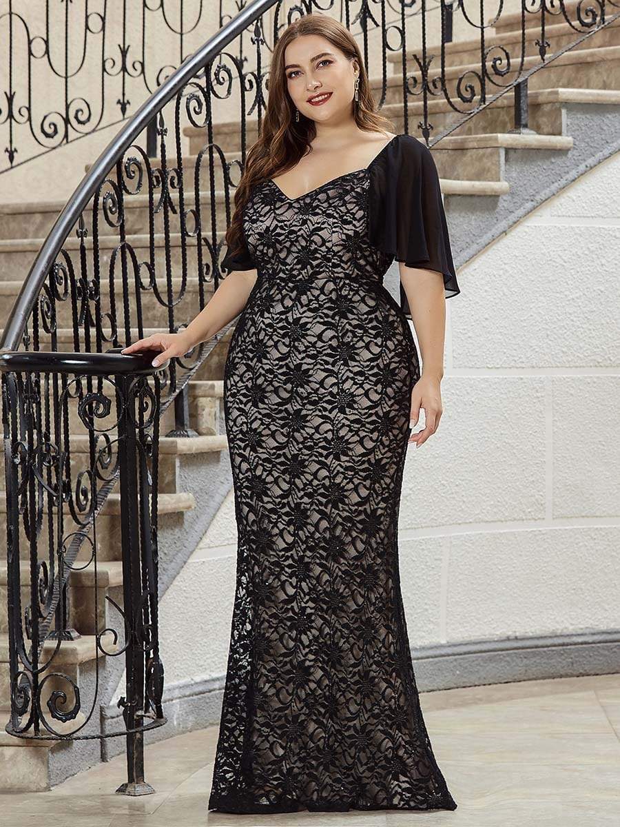 Color=Black | Elegant Floor Length V-Neck Chiffon And Lace Evening Dress-Black 4 Color=Black | Elegant Floor Length V-Neck Chiffon And Lace Evening Dress-Black 4