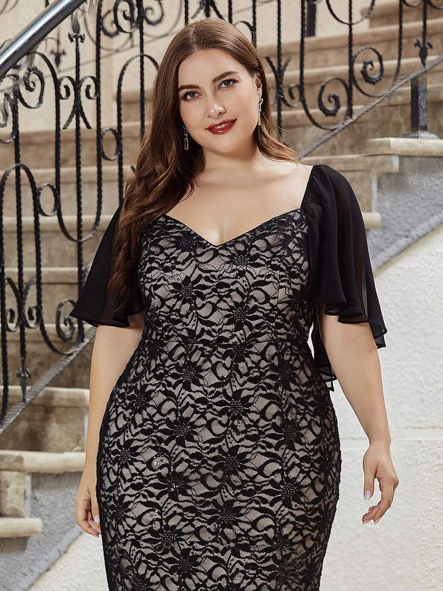 Color=Black | Elegant Floor Length V-Neck Chiffon And Lace Evening Dress-Black 10 Color=Black | Elegant Floor Length V-Neck Chiffon And Lace Evening Dress-Black 10