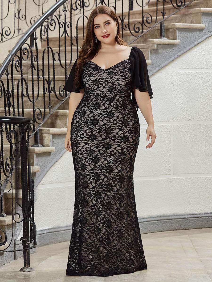 Color=Black | Elegant Floor Length V-Neck Chiffon And Lace Evening Dress-Black 1