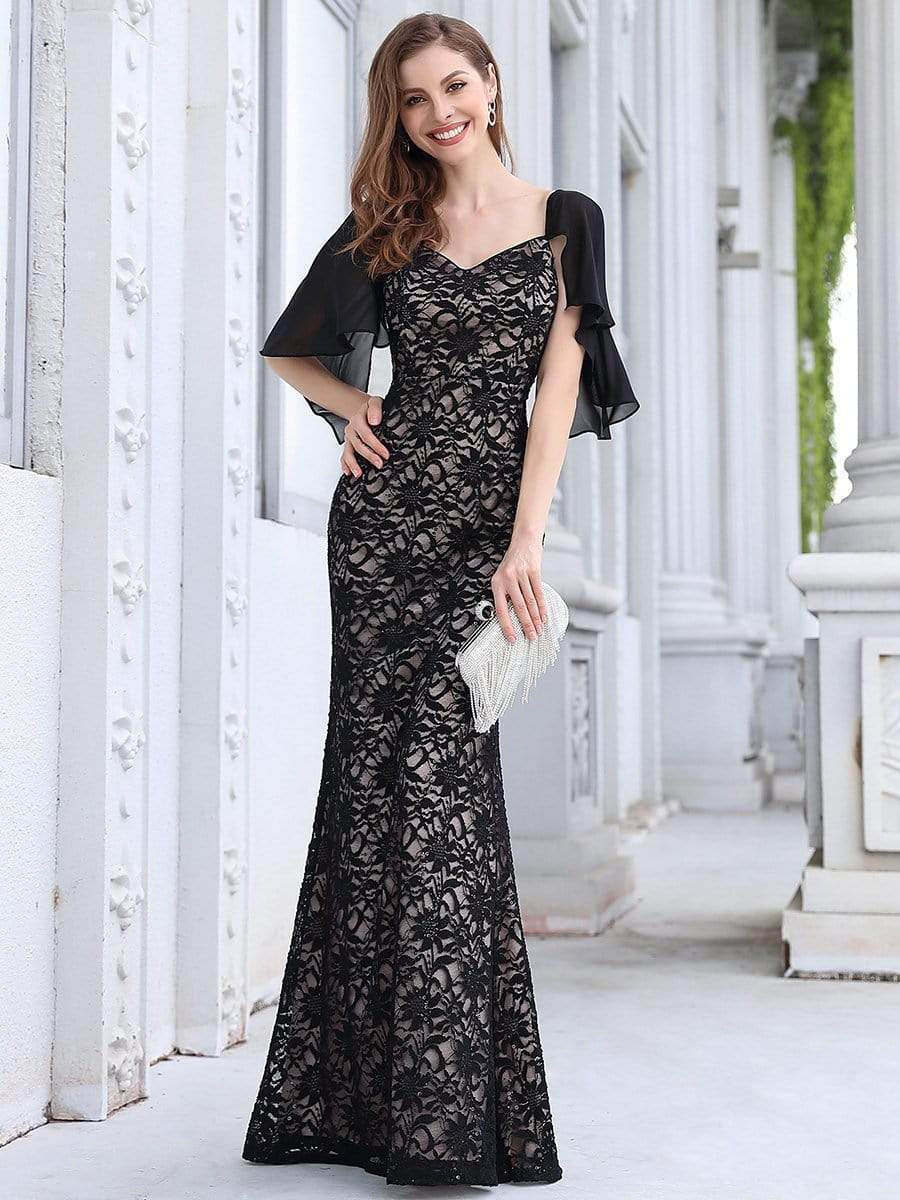 Color=Black | Elegant Floor Length V-Neck Chiffon And Lace Evening Dress-Black 1