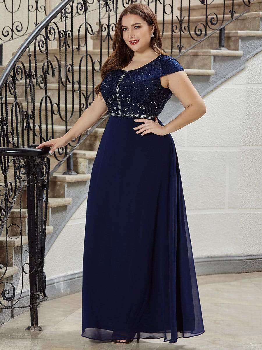 Color=Navy Blue | Classic Round Neck A-Line Plus Size Chiffon Prom Dress For Women-Navy Blue 3 Color=Navy Blue | Classic Round Neck A-Line Plus Size Chiffon Prom Dress For Women-Navy Blue 3