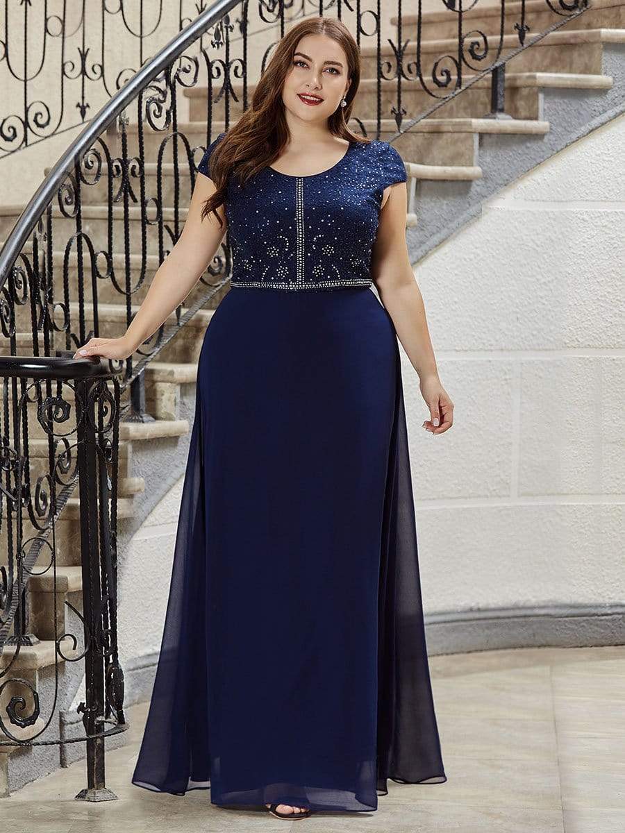 Color=Navy Blue | Classic Round Neck A-Line Plus Size Chiffon Prom Dress For Women-Navy Blue 4 Color=Navy Blue | Classic Round Neck A-Line Plus Size Chiffon Prom Dress For Women-Navy Blue 4