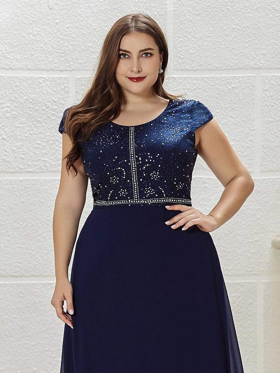 Color=Navy Blue | Classic Round Neck A-Line Plus Size Chiffon Prom Dress For Women-Navy Blue 5 Color=Navy Blue | Classic Round Neck A-Line Plus Size Chiffon Prom Dress For Women-Navy Blue 5