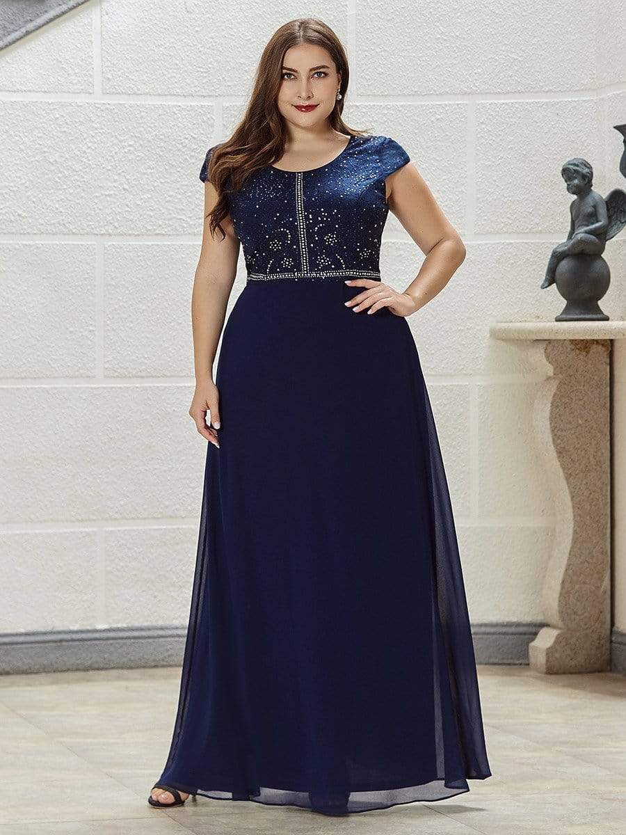 Color=Navy Blue | Classic Round Neck A-Line Plus Size Chiffon Prom Dress For Women-Navy Blue 1 Color=Navy Blue | Classic Round Neck A-Line Plus Size Chiffon Prom Dress For Women-Navy Blue 1