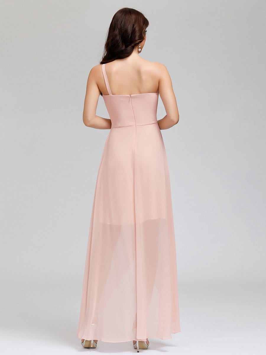Color=Pink | Elegant Floor Length One-Shoulder Chiffon Bridesmaid Dress For Women-Pink 7 Color=Pink | Elegant Floor Length One-Shoulder Chiffon Bridesmaid Dress For Women-Pink 7