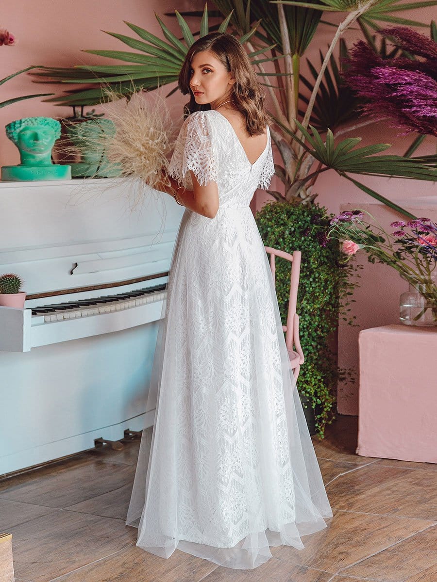 Color=White | Elegant Simple Deep V Neck A-Line Lace & Tulle Wedding Dress-White 10 Color=White | Elegant Simple Deep V Neck A-Line Lace & Tulle Wedding Dress-White 10