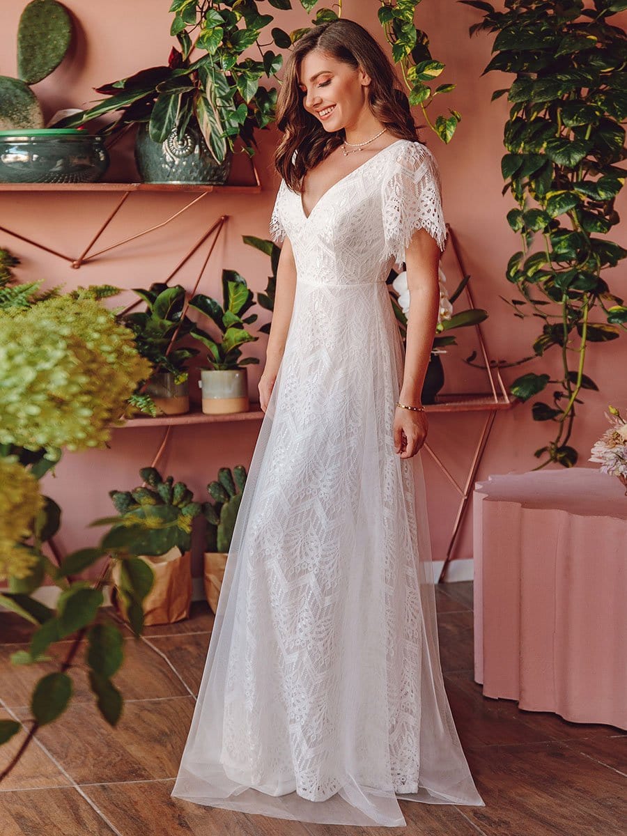 Color=White | Elegant Simple Deep V Neck A-Line Lace & Tulle Wedding Dress-White 6 Color=White | Elegant Simple Deep V Neck A-Line Lace & Tulle Wedding Dress-White 6