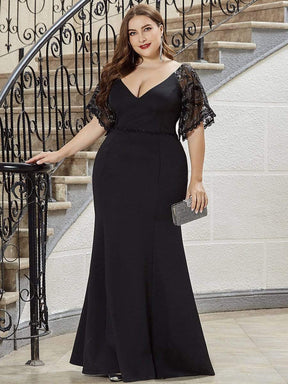 Color=Black | Elegant Plus Size V Neck Fishtail Evening Dress For Women-Black 4