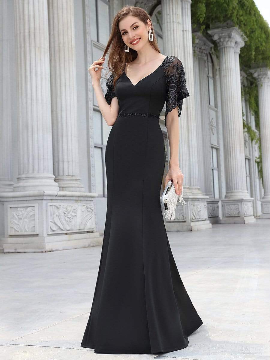 Color=Black | Sexy Maxi V Neck Bodycon Party Dress With Flare Sleeves-Black 6 Color=Black | Sexy Maxi V Neck Bodycon Party Dress With Flare Sleeves-Black 6